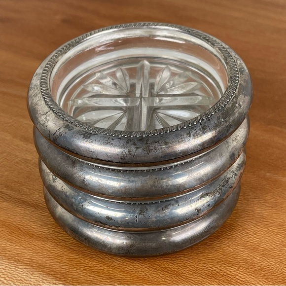 FB Rogers Silver Co Pressed Glass Coaster Ashtray Sterling Rim Stamped Set of 4